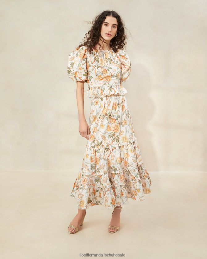 Frauen Loeffler Randall Ellie gewellter Midirock creme botanisch blumig Kleidung 846824224
