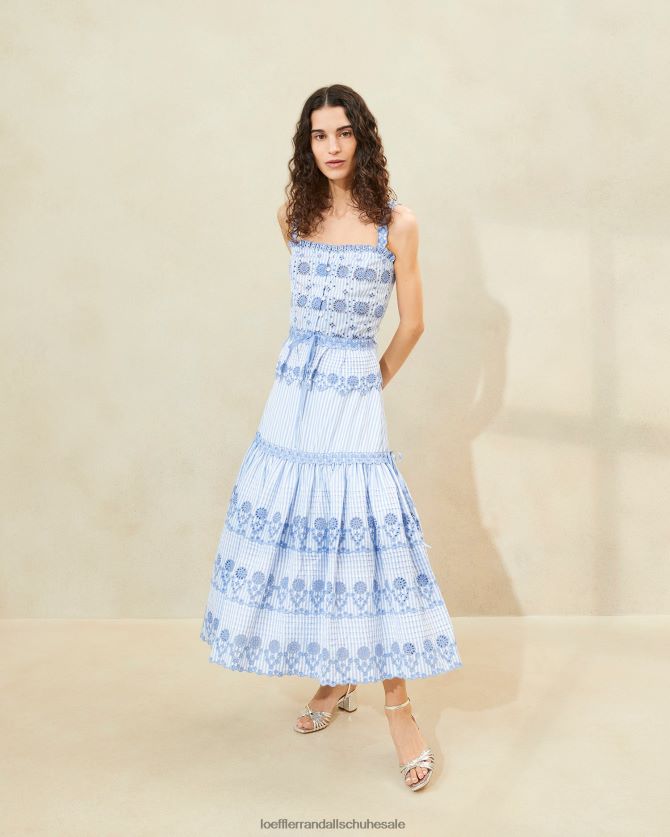 Frauen Loeffler Randall Shireen-Streifen-Stickerei-Rock blau/creme Kleidung 846824234