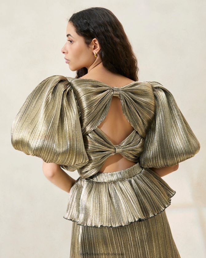 Frauen Loeffler Randall Dorit-Plisseekleid mit Puffärmeln dunkles Gold Kleidung 846824194