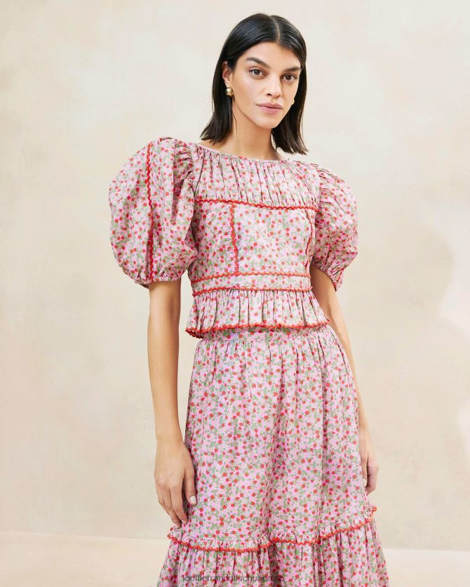 Frauen Loeffler Randall Anna-Erdbeeroberteil mit Puffärmeln und Schößchen Erdbeerdruck Kleidung 846824205
