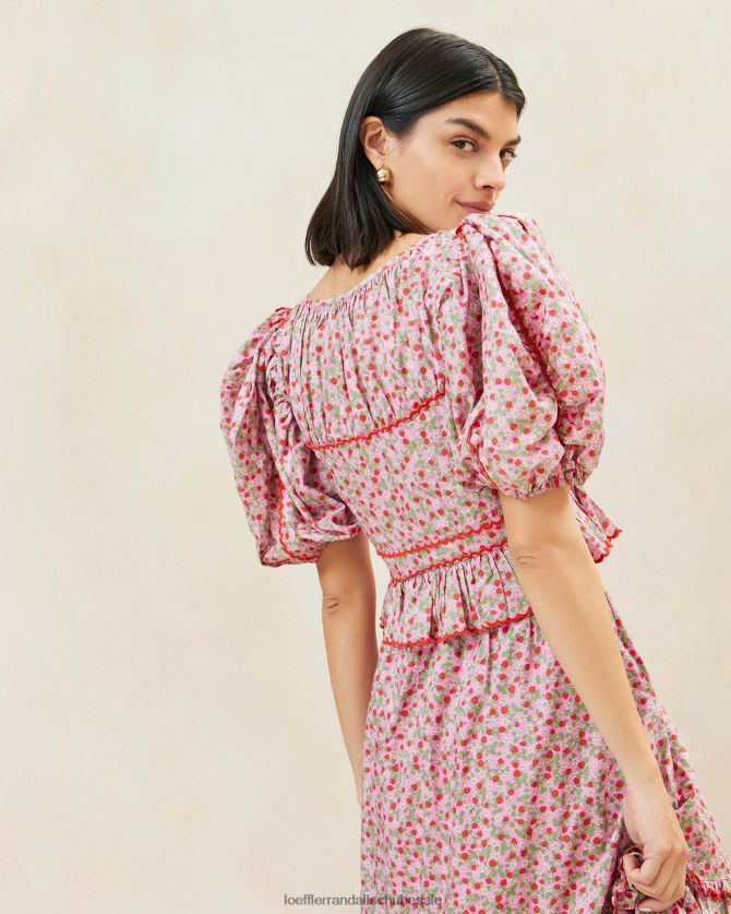 Frauen Loeffler Randall Anna-Erdbeeroberteil mit Puffärmeln und Schößchen Erdbeerdruck Kleidung 846824205