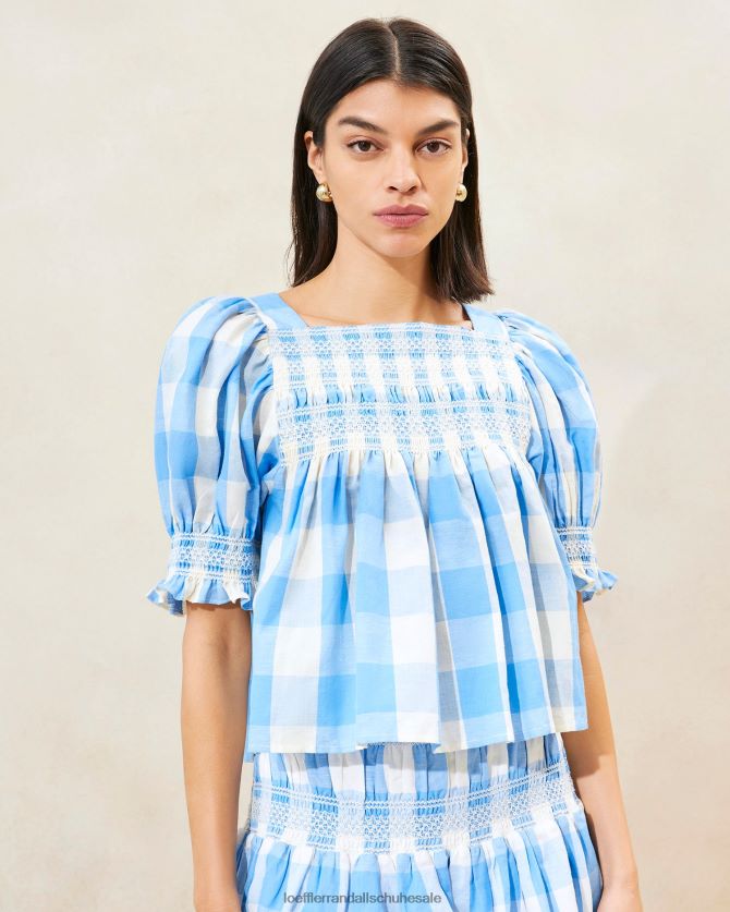 Frauen Loeffler Randall Lydie gesmoktes Oberteil blauer Gingham Kleidung 846824199