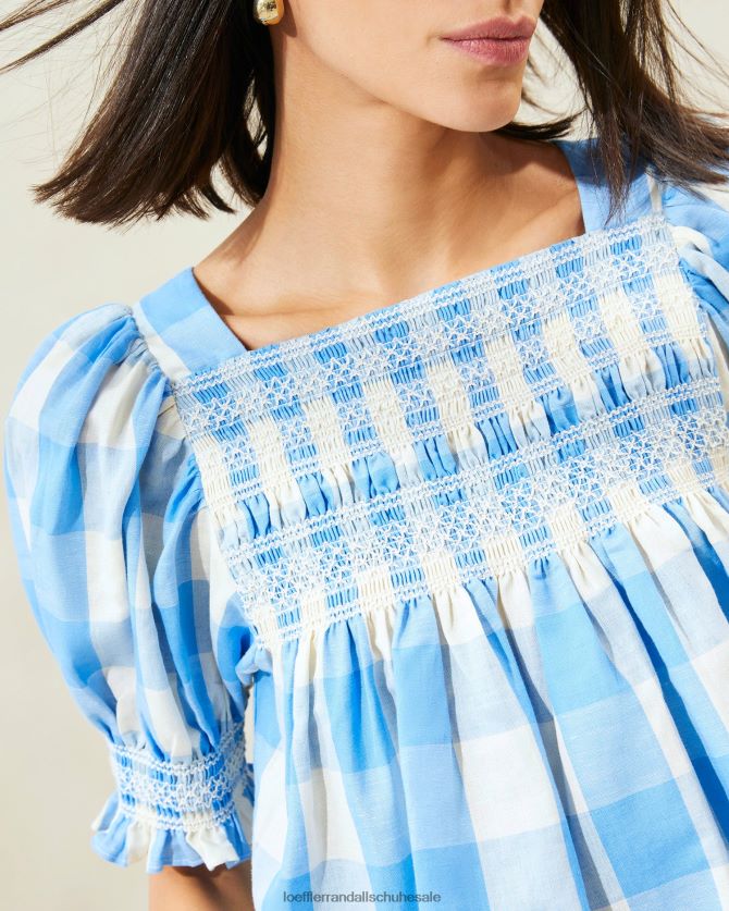 Frauen Loeffler Randall Lydie gesmoktes Oberteil blauer Gingham Kleidung 846824199