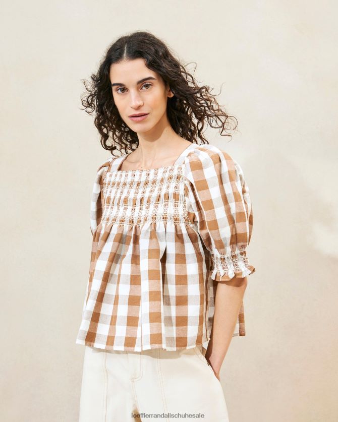 Frauen Loeffler Randall Lydie gesmoktes Oberteil brauner Gingham Kleidung 846824210